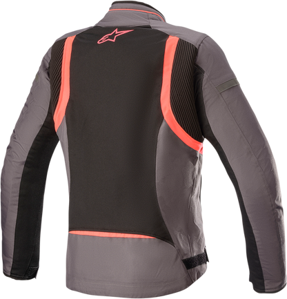 Alpinestars Stella T-Kira v2 Air women's motorcycle jacket in tar gray, black, and diva pink, size 2XL, with breathable textile panels.