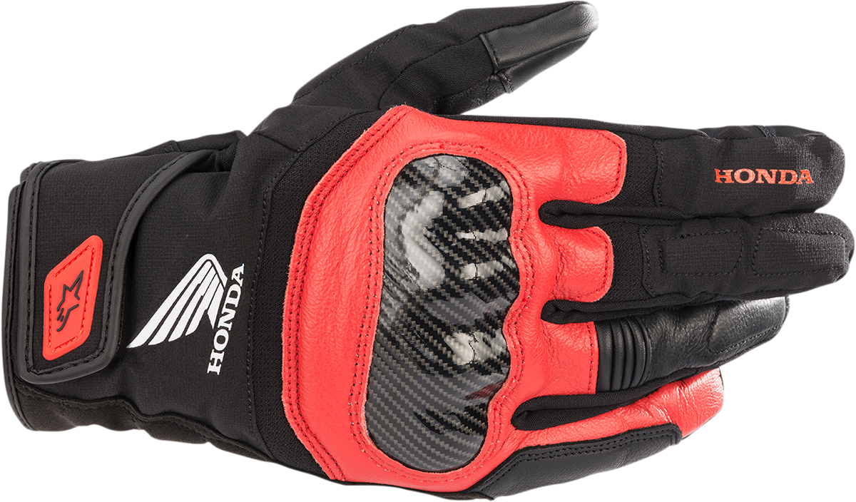 Alpinestars Honda SMX Z Drystar® motorcycle gloves in black and bright red, small size, with protective knuckles and adjustable wrist strap.