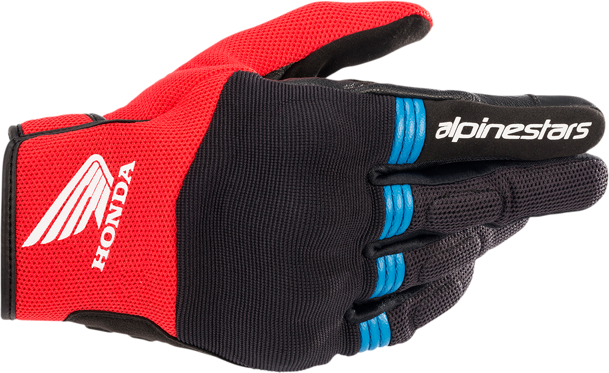 Alpinestars Honda Copper motorcycle gloves in large with impact-resistant design, synthetic suede palms, and touchscreen compatibility.