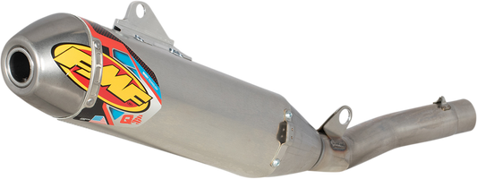 FMF Q4 Hex Slip-On Muffler for off-road motorcycles, showing the metallic muffler with branding and mounting features.