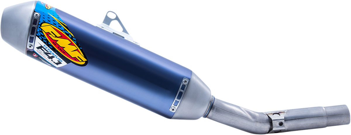 FMF Factory 4.1 muffler with resonance chamber technology, showcasing its sleek design for enhanced motorcycle performance.