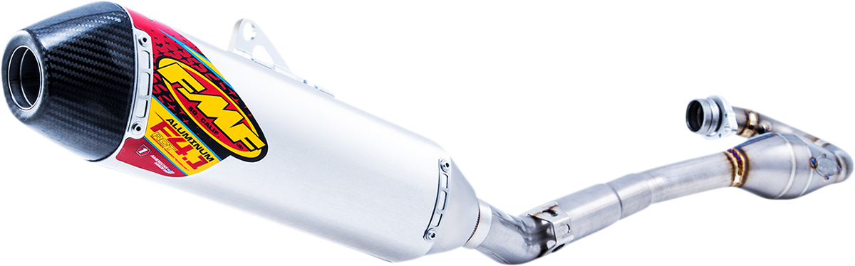 FMF Factory 4.1 Muffler for enhanced motorcycle performance and sound control, showing the sleek black exhaust with FMF branding.