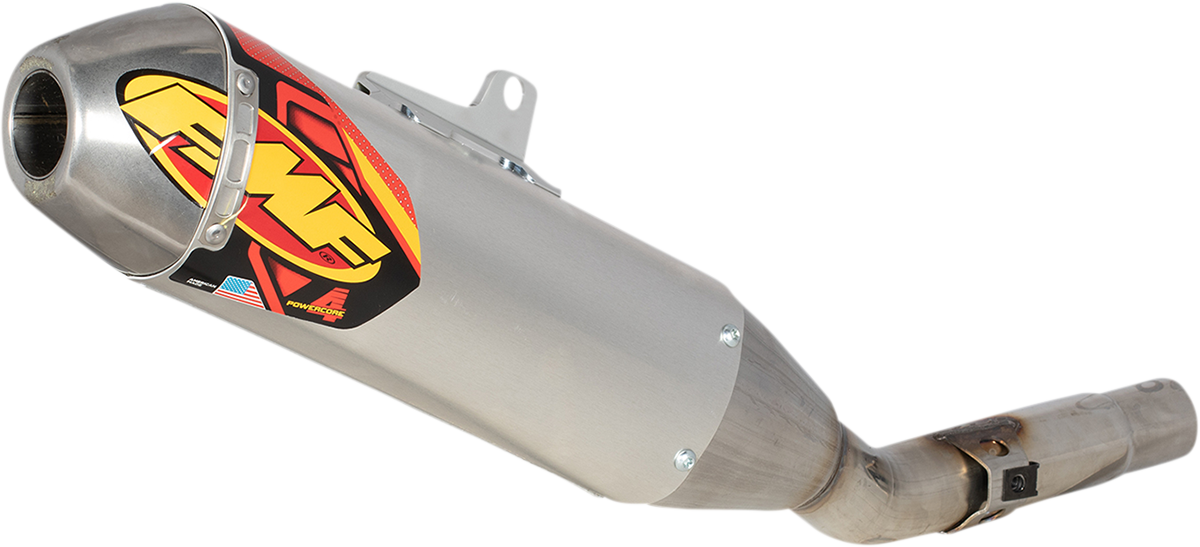 FMF Powercore 4 muffler for 4-stroke engines, high-performance exhaust system with sleek metallic finish and branding details.