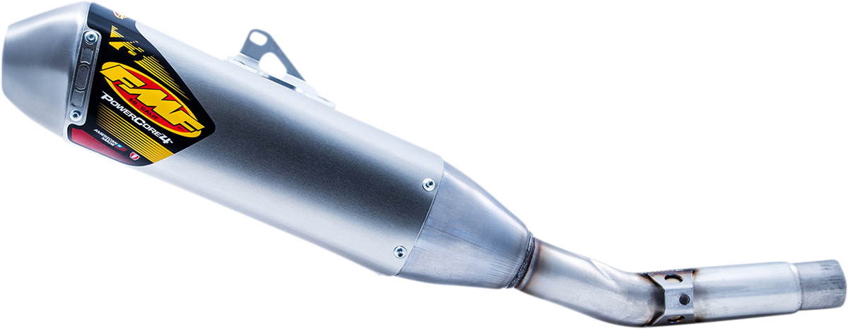 FMF Powercore 4 muffler for 4-stroke engines, showing the high-performance exhaust with sleek metal finish and branding details.