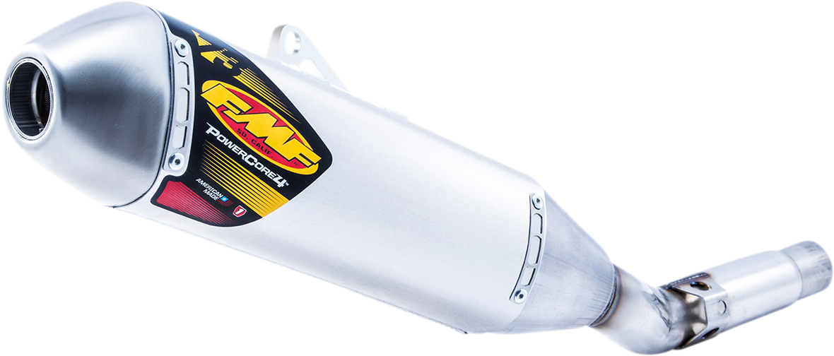 FMF Powercore 4 muffler for 4-stroke engines showing the high-performance exhaust with metallic finish and branded logo.