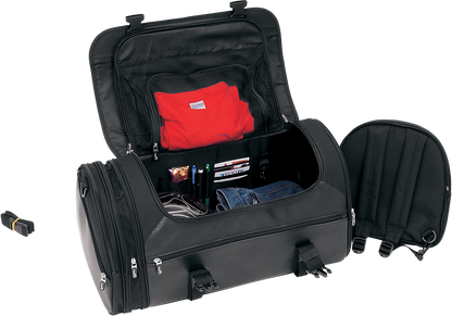 Bill's Exhausts SADDLEMEN TR3300DE Deluxe Rack Bag seat with durable fabric and adjustable straps for motorcycle storage.