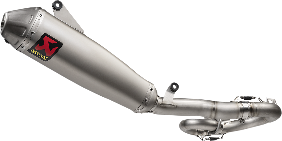 AKRAPOVIC Evolution Titanium Exhaust System for closed course competition, showing sleek titanium finish and parts.
