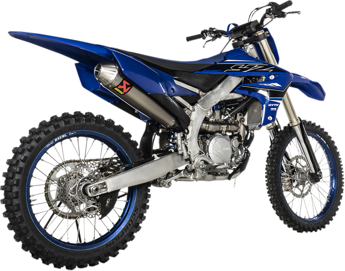 AKRAPOVIC Evolution titanium exhaust system for closed course competition, showing polished titanium pipes with branding details.