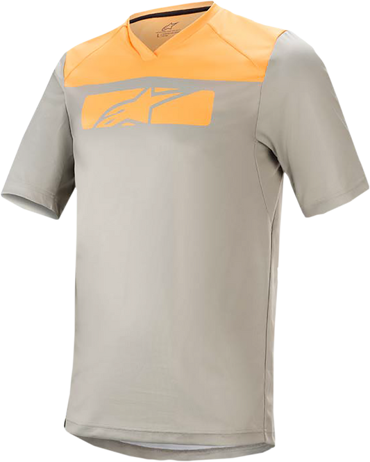 Alpinestars Drop 4.0 short-sleeve motorcycle jersey in gray steel and tangerine, medium size, featuring breathable fabric and sporty fit.