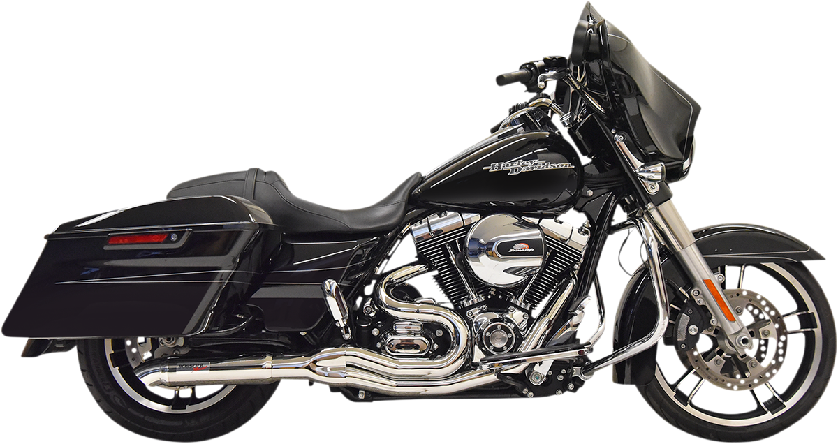 BASSANI XHAUST 2:1 chrome exhaust system with short muffler and heat shields for motorcycle performance.