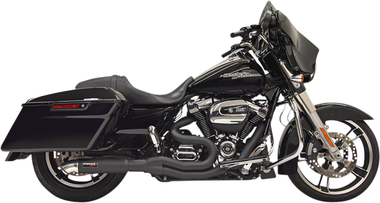 BASSANI XHAUST 1F88B 2:1 exhaust system with black finish and removable baffle, displayed on a motorcycle.