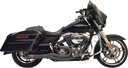 BASSANI XHAUST Road Rage II 2-Into-1 mid-length black motorcycle exhaust system with sleek design and polished finish.