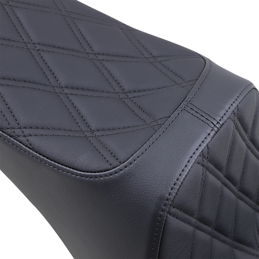 Black vinyl Predator III 2-up motorcycle seat with double diamond stitching for Softail models '06-'17 by Drag Specialties Seats