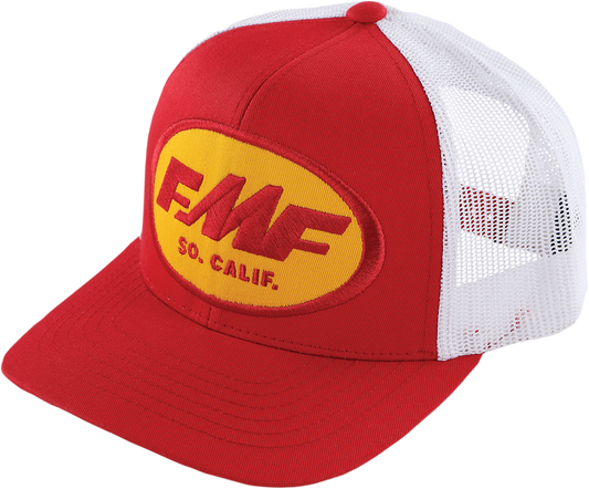 Red FMF Origins 2 hat with cotton applique and embroidered logo, featuring a structured baseball cap design.