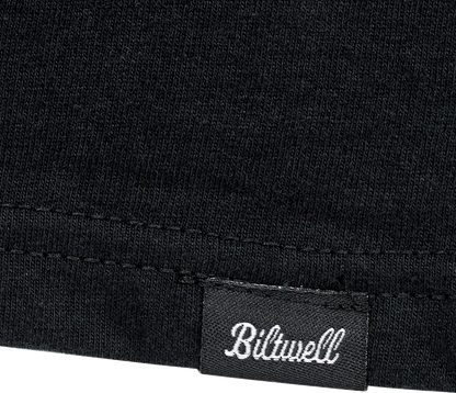 Black BILTWELL LMTV Pocket T-Shirt in Medium size featuring a chest pocket and classic fit, branded by Bill's Exhausts.