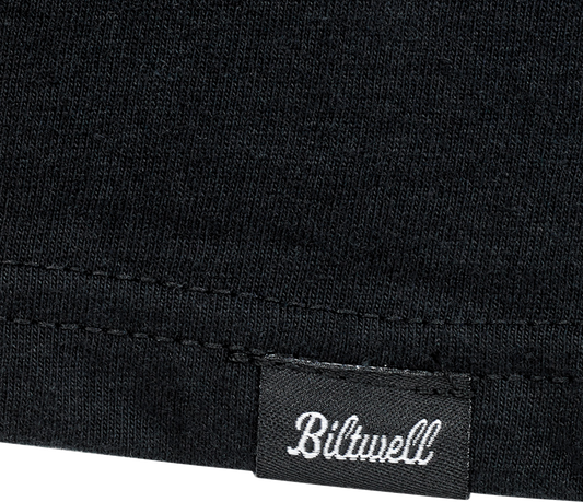 Black BILTWELL LMTV Pocket T-Shirt in Medium size featuring a chest pocket and classic fit, branded by Bill's Exhausts.