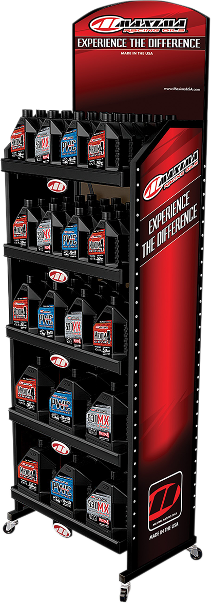 MAXIMA RACING OIL display rack featuring bottles of Maxima Racing Oil for motorcycle and automotive engines.