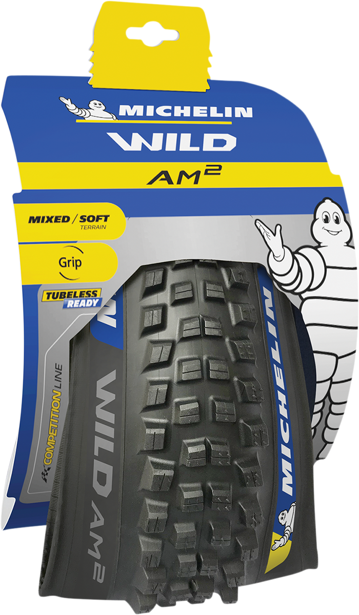 Michelin Wild AM2 mountain bike tire 27.5 x 2.60 with rugged tread for superior grip and durability on rough trails.