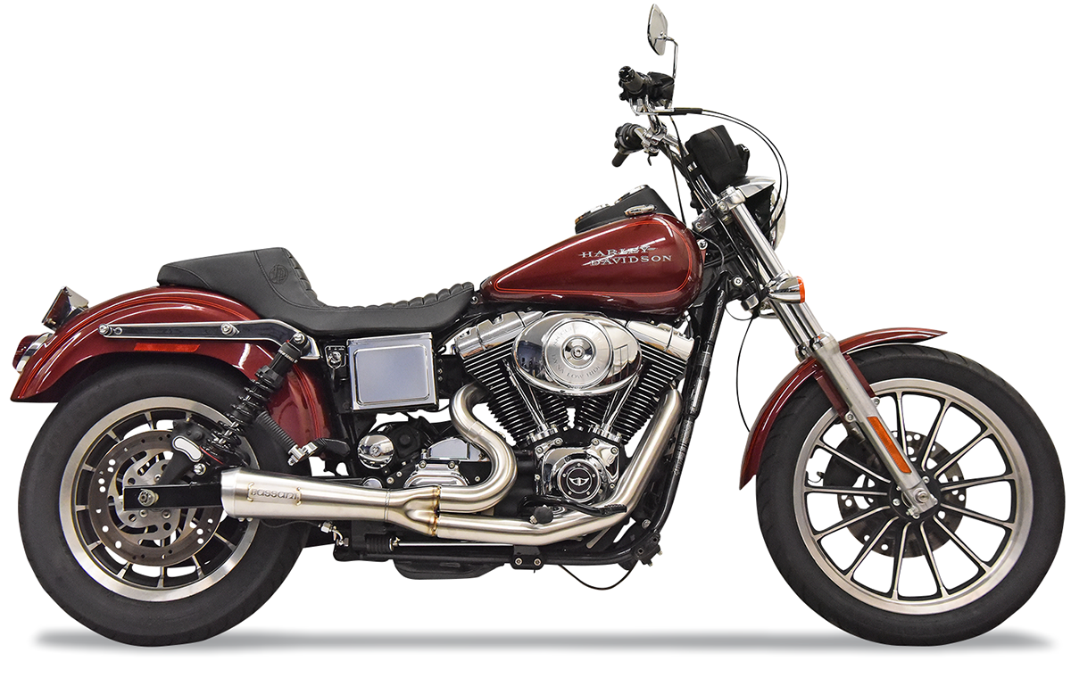 Stainless steel BASSANI XHAUST Ripper 2:1 motorcycle exhaust system with polished finish and dual exhaust pipes.