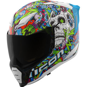Blue ICON Ultraflite Doodle 3 helmet with MIPS® technology, large size, featuring colorful doodle design and adjustable straps.