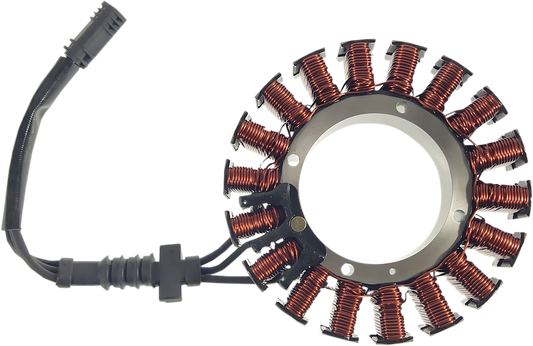 Drag Specialties stator for 2008-2017 Harley FX/FL models, motorcycle electrical component with detailed wiring and metal casing.