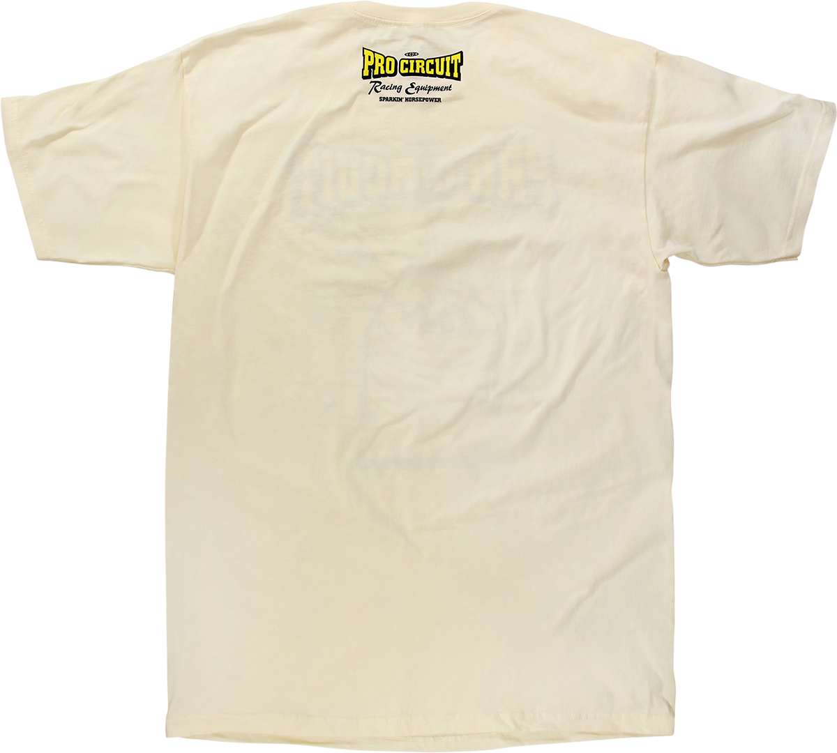 Cream PRO CIRCUIT Spark Plug T-Shirt in XL size with graphic design, made from soft fabric, featuring the PRO CIRCUIT logo.