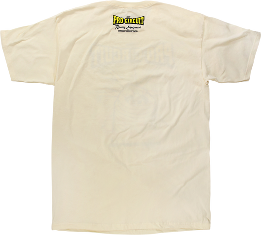 Cream PRO CIRCUIT Spark Plug T-Shirt in XL size with graphic design, made from soft fabric, featuring the PRO CIRCUIT logo.