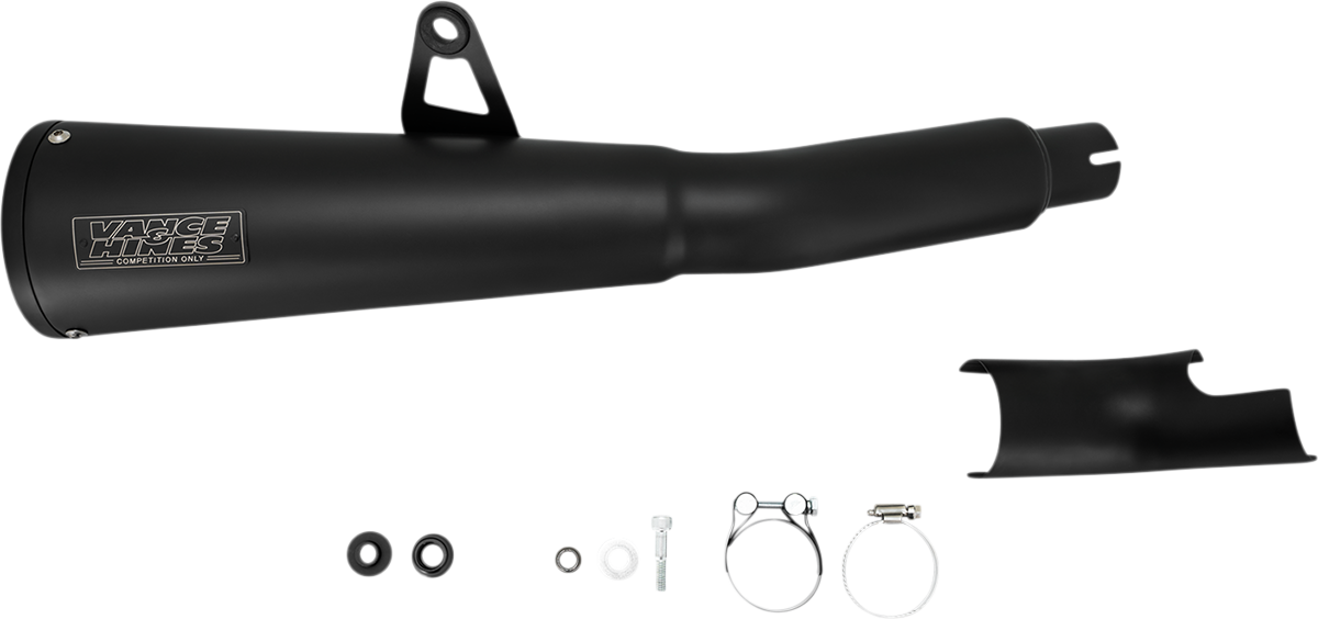 Vance & Hines black tapered cone exhaust muffler with fiberglass baffle for Honda Rebel motorcycle, side view showing sleek design.