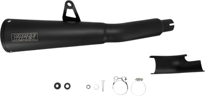 Vance & Hines black tapered cone exhaust muffler with fiberglass baffle for Honda Rebel motorcycle, side view showing sleek design.