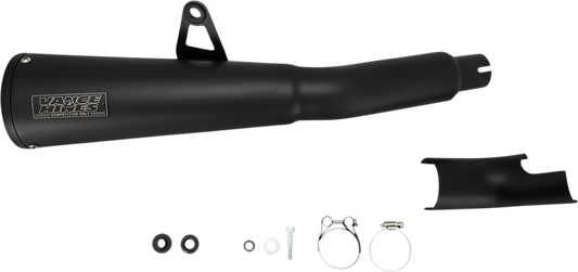Vance & Hines black tapered cone exhaust muffler with fiberglass baffle for Honda Rebel motorcycle, side view showing sleek design.