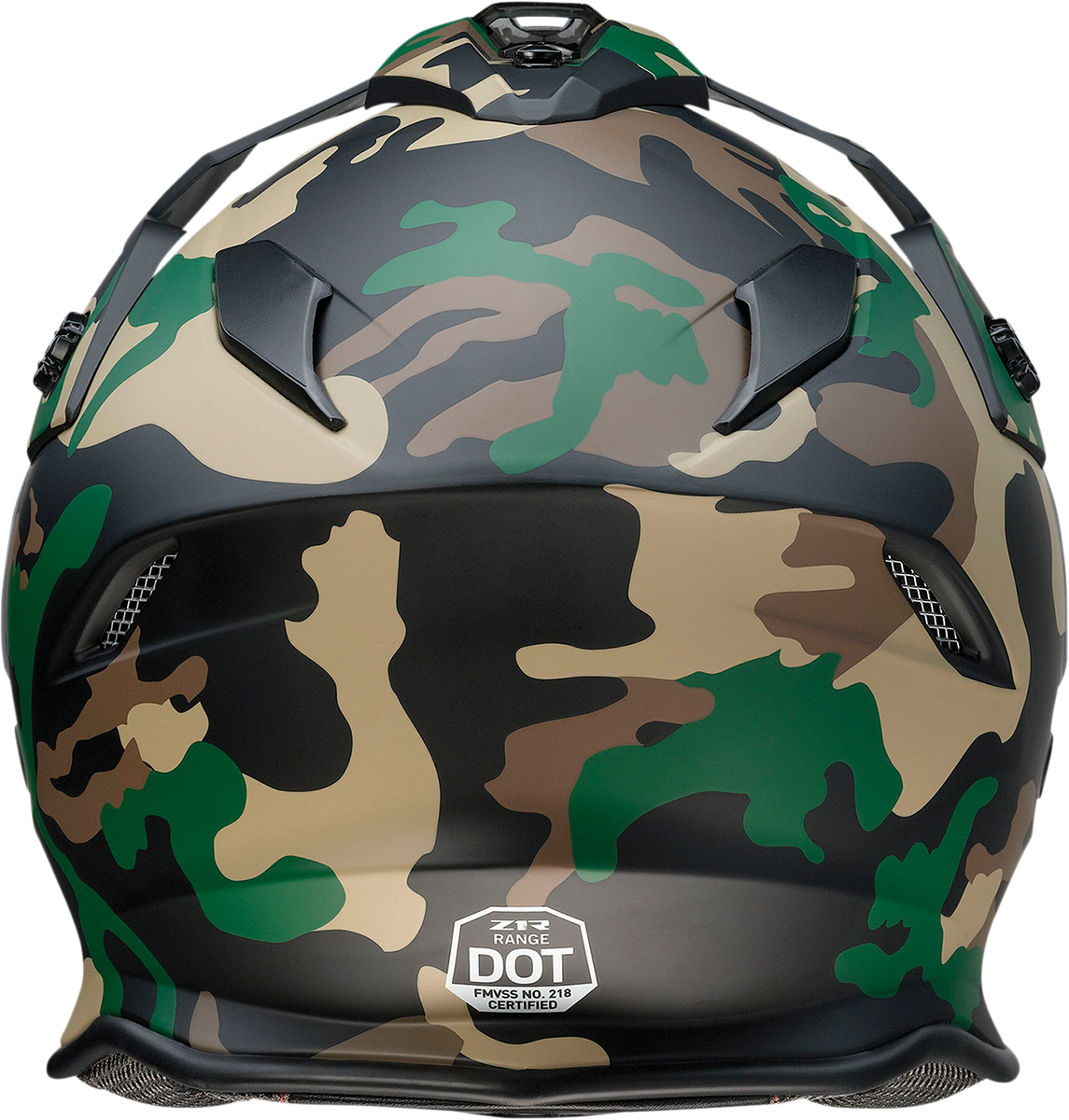 Z1R Range Woodland Camo Small motorcycle helmet with sun visor and polycarbonate shields, featuring a camo woodland design.