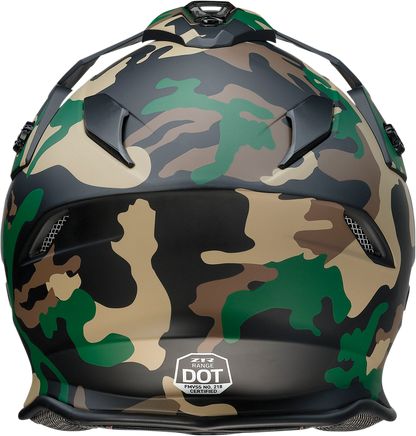 Z1R Range Woodland Camo Small motorcycle helmet with sun visor and polycarbonate shields, featuring a camo woodland design.