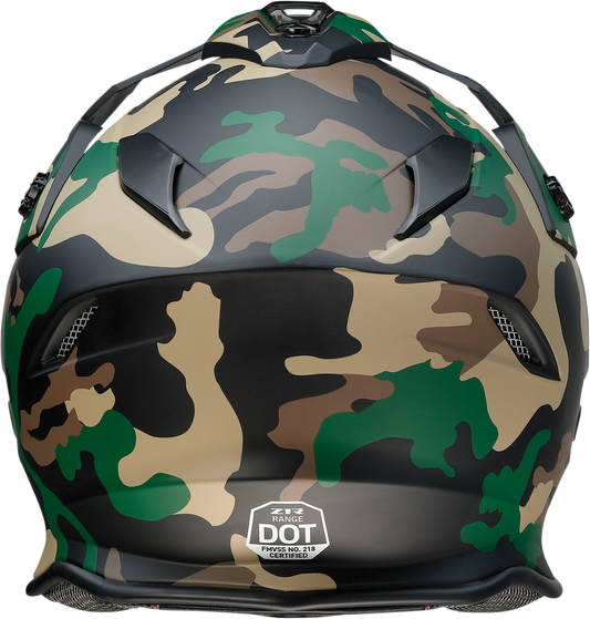 Z1R Range Woodland Camo Small motorcycle helmet with sun visor and polycarbonate shields, featuring a camo woodland design.