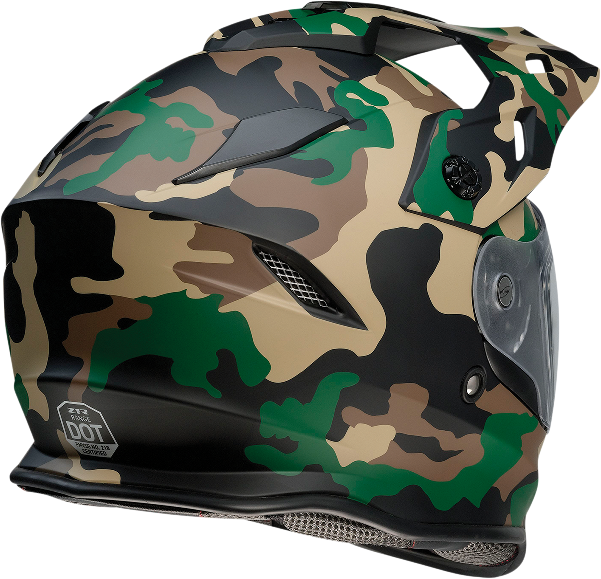 Z1R Range helmet in woodland camo with sun visor and polycarbonate shields, small size, protective motorcycle helmet.