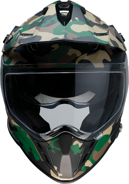 Z1R Range Woodland Camo helmet with sun visor and polycarbonate shields, small size, featuring a camo woodland pattern and safety features