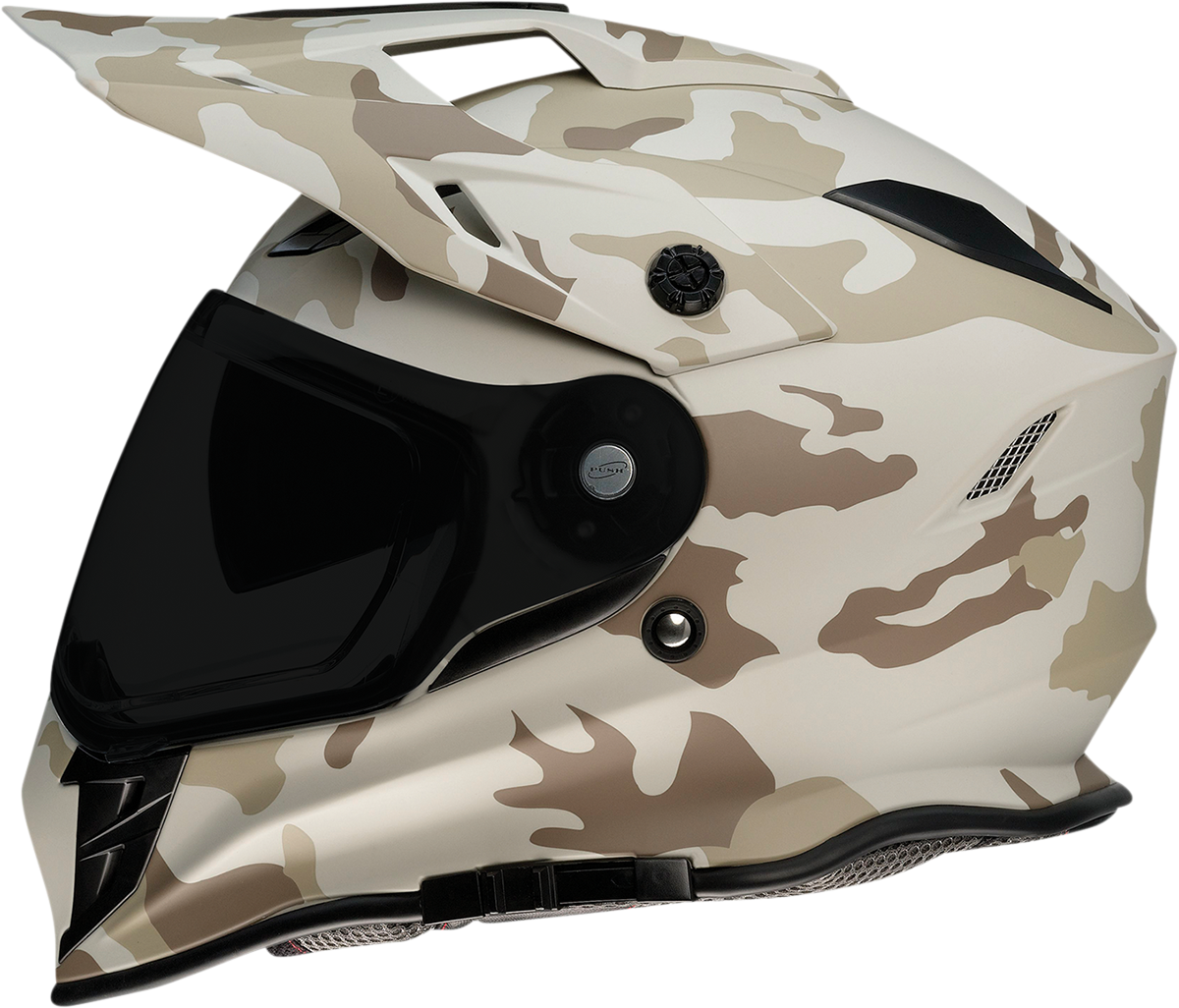 Z1R Range Helmet in large camo desert pattern, featuring a sturdy design with secure straps and ventilation for outdoor riding.