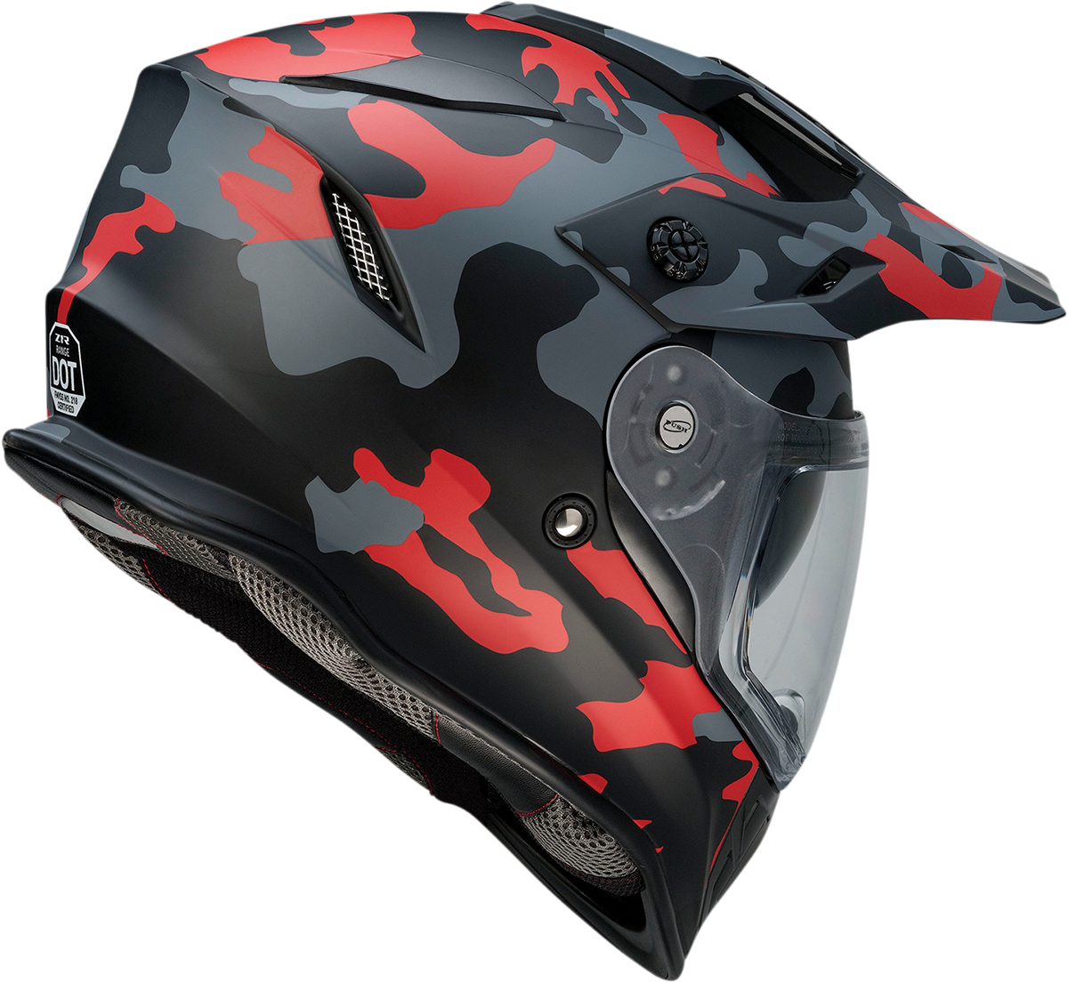 Z1R Range helmet in camo red, small size, featuring sun visor and removable lining, designed for motorcycle riding.