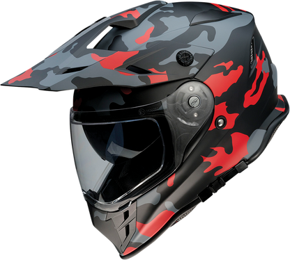 Z1R Z1R Range motorcycle helmet in camo red, small size, featuring sun visor and removable lining, displayed against a neutral background.