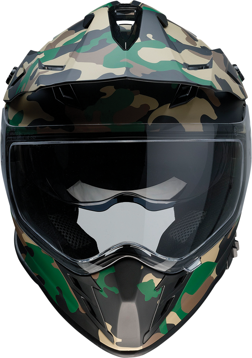 Z1R Range helmet in woodland camo with large size, featuring a secure chin strap and aerodynamic design.