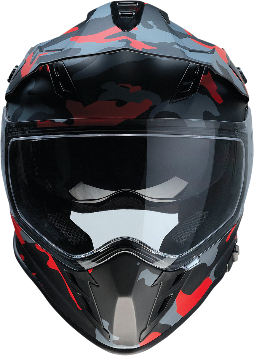 Z1R Z1R Range motorcycle helmet in camo red with sun visor, small size, featuring removable lining and aerodynamic design.
