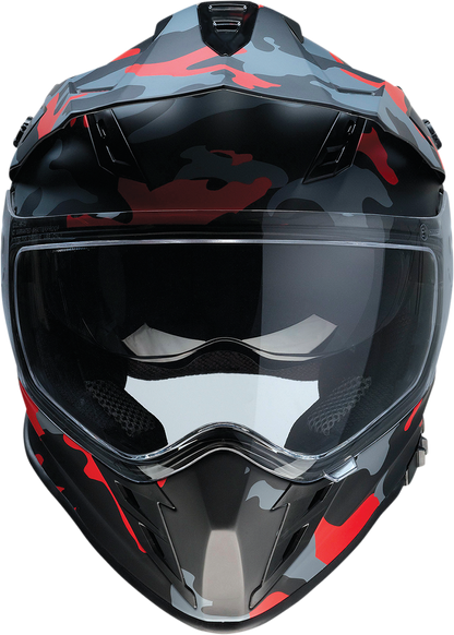 Z1R Z1R Range motorcycle helmet in camo red with sun visor, small size, featuring removable lining and aerodynamic design.