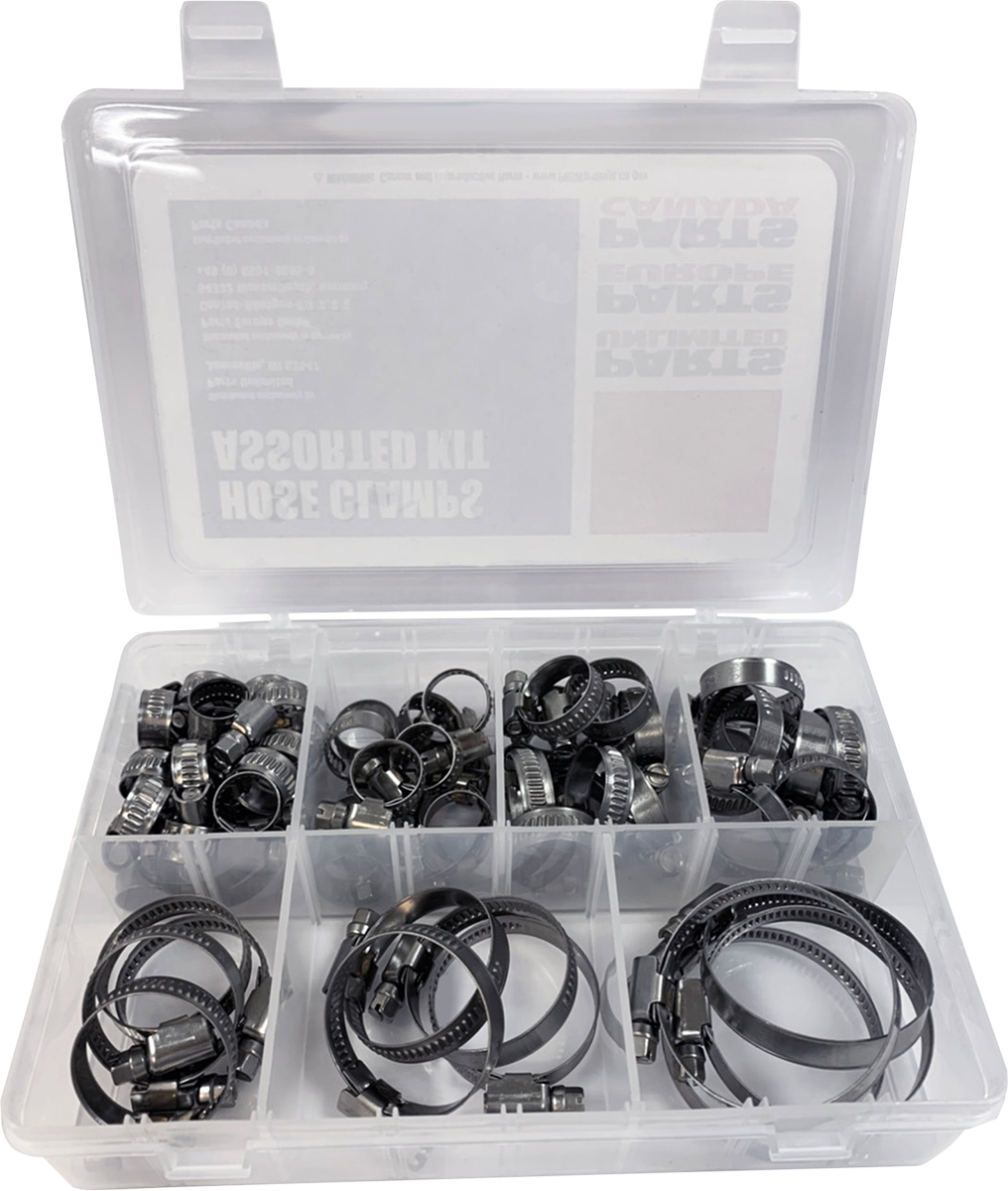PARTS UNLIMITED 60-piece hose clamp assortment kit for marine and automotive use, showing various metal clamps in a storage case.