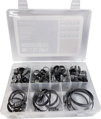 PARTS UNLIMITED 60-piece hose clamp assortment kit for marine and automotive use, showing various metal clamps in a storage case.