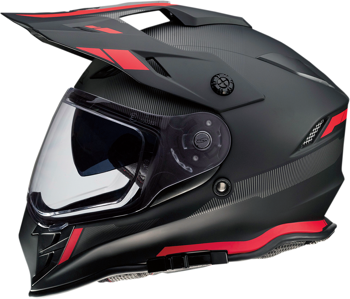 Z1R Range motorcycle helmet in black and red, size 2XL, featuring drop-down sun visor and removable lining.