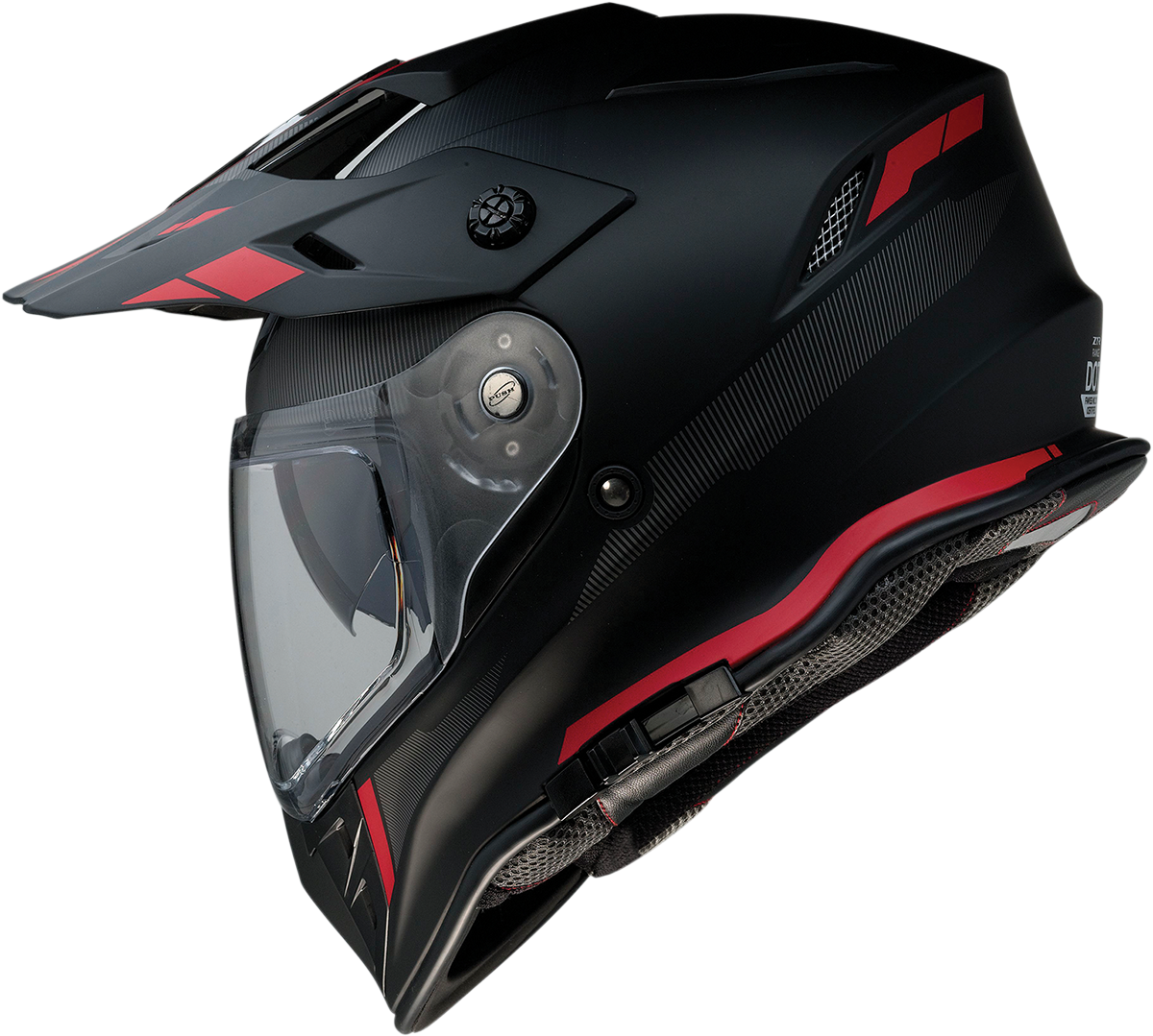 Z1R Z1R Range black and red motorcycle helmet with drop-down sun visor and removable liner, size 2XL, shown from front angle.