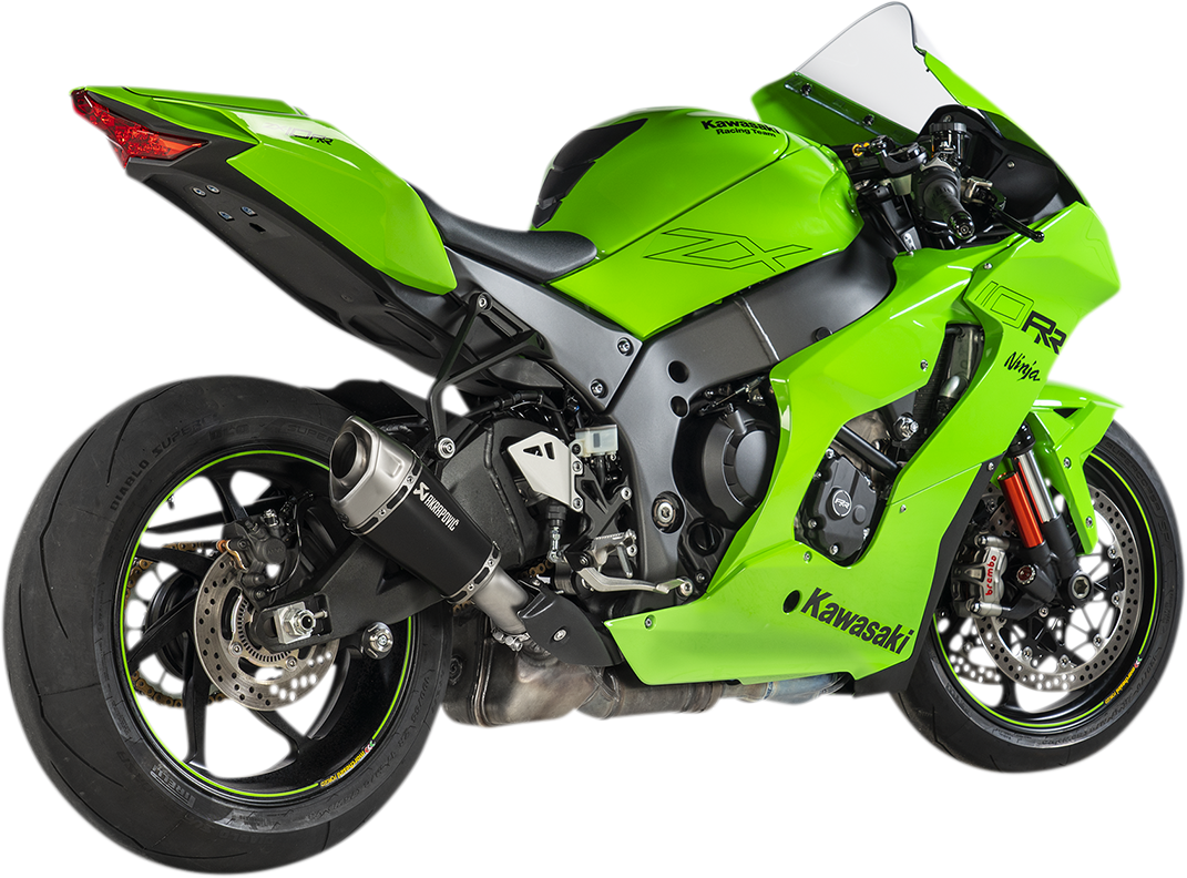 AKRAPOVIC titanium race muffler for Kawasaki KX250F motorcycle, with sleek metallic finish and compact design.