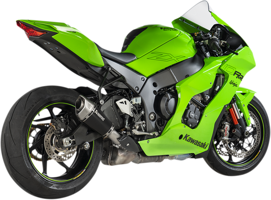 AKRAPOVIC titanium race muffler for Kawasaki KX250F motorcycle, with sleek metallic finish and compact design.