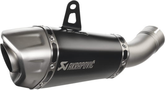 AKRAPOVIC titanium race muffler for Kawasaki KX250F motocross bike, featuring sleek silver finish and compact design.