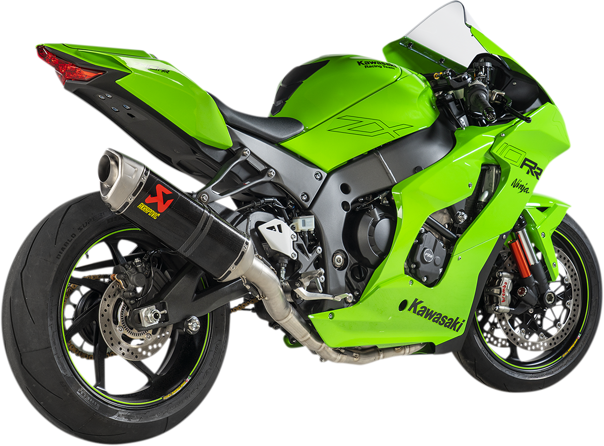 AKRAPOVIC Evolution Line exhaust system for Kawasaki Racing Team S-K10E10-RC, showing the high-performance motorcycle exhaust in silver with branding