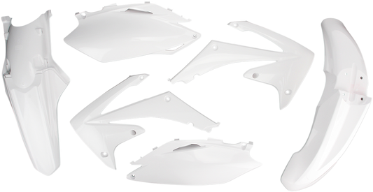 A white Acerbis standard replacement body kit for motorcycles, featuring smooth, aerodynamic panels and detailed design elements.